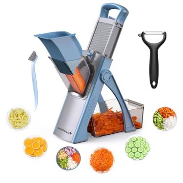 Imagem de Jonscook Fatiador de mandolina seguro para cozinha, cortador de alimentos com recipiente, cortador de legumes com espessura ajustável, cortador de batata frita francesa e tomate e maçã cebola (azul)