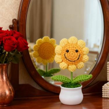 Imagem de Vaso de girassol feito à mão, arranjo de flores de malha artificial com pétalas amarelas, decoração de mesa de casa e ideia de presente (amarelo)