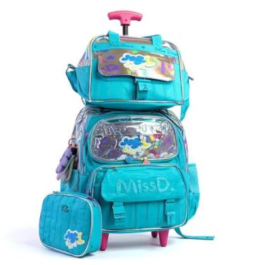 Imagem de Mochila Escolar Infantil com Rodas Turquesa, Design Holográfico, Múltiplos Compartimentos, Alça Rosa, Bolsos Laterais em Malha
