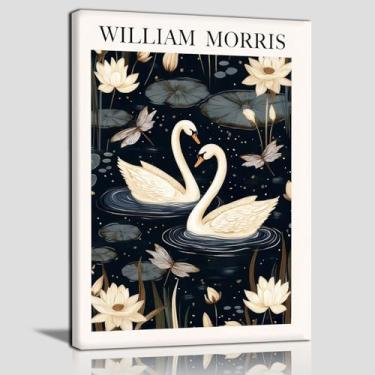 Imagem de Tela emoldurada arte de parede romântica cisne e lótus impressão em tela estilo William Morris pintura em tela vintage galeria arte botânica decoração de belas artes para sala de estar, quarto