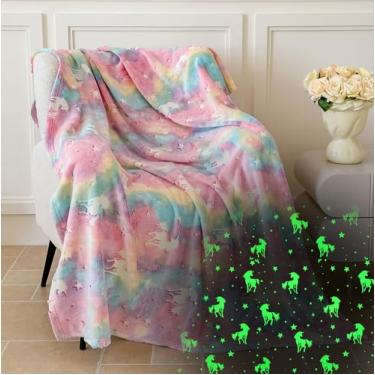 Imagem de Cobertor de unicórnio que brilha no escuro para crianças - flanela grossa de 280 g/m2, manta de lã macia e aconchegante, presente de aniversário fofo para meninas e meninos, cobertor mágico brilhante