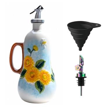 Imagem de Windefun Garrafa decorativa de 540 ml para cozinha, garrafa de azeite de oliva de cerâmica pintada à mão, recipiente de óleo de cerâmica (B-girassol)