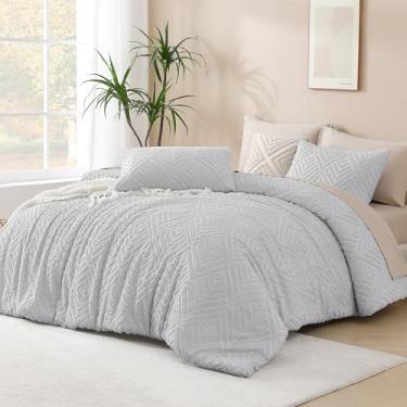 Imagem de Andency Conjunto de cama King extragrande cinza claro 200 x 248 cm, conjunto de cama e coleções de 3 peças, conjunto de cama boho macio e chique tufado para todas as estações (1 edredom, 2 fronhas)