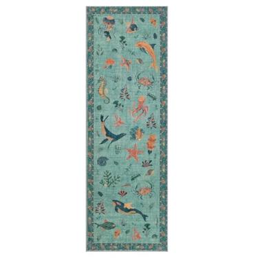 Imagem de Tapete macio de borracha antiderrapante de lã sintética lavável com animais marinhos para sala de jogos, banheiro, sala de estar, quarto, cabeceira, praia, fofo, náutico, para berçário (turquesa, 6 x