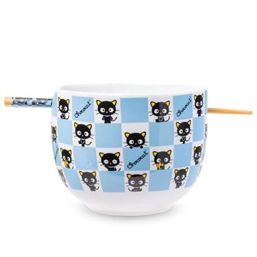 Imagem de Tigela de Ramen de cerâmica Silve Buffalo Sanrio Chococat padrão xadrez com pauzinhos, 590 ml