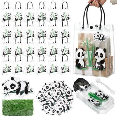 Imagem de Sweetude Sacos de bambu panda com etiquetas e fragmentos de papel de ráfia, sacos de presente de PVC transparente de bambu com alças para presente de lembrancinhas de festa (24 peças, Panda)