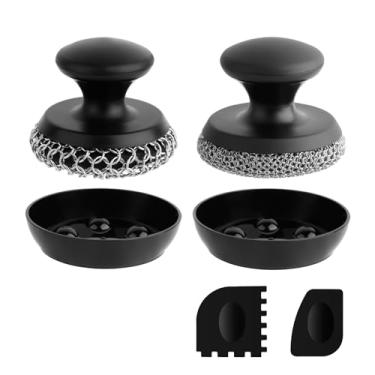 Imagem de 2 peças de limpeza de ferro fundido, esfregão de malha para frigideira de ferro fundido, almofada de limpeza de pratos, escova/raspador de aço inoxidável 316 para esfregar frigideiras de metal, wok