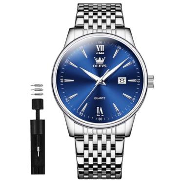 Imagem de OLEVS Relógios masculinos prateados, clássicos, luxuosos, à prova d'água, analógico, quartzo, aço inoxidável, relógio de pulso casual, mostrador grande, com data de dia, relógios para hombres