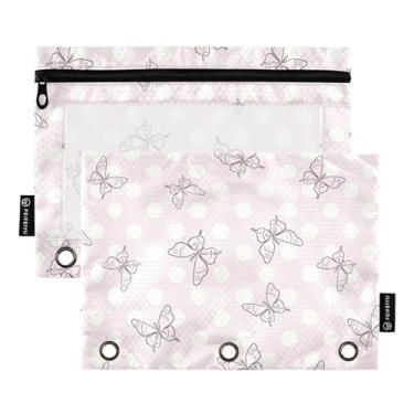 Imagem de KICPOAY Bolsa de lápis para fichário de 3 anéis rosa pastel borboleta pontos brancos pacote com 2 sacos transparentes para lápis com zíper