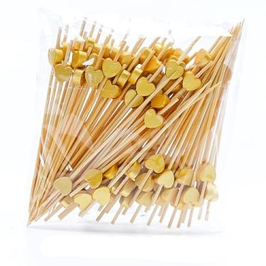 Imagem de 100 palitos de coquetel de coração, palitos de bambu de coração de 12 cm para aperitivos, espetos de dia dos namorados, palitos decorativos de palitos de frutas (ouro)