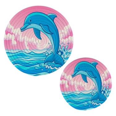 Imagem de Wassud Trivet de golfinho azul para pratos quentes, suportes redondos de algodão, almofadas quentes, porta-copos elegantes, decoração de cozinha e acessórios, 2 peças
