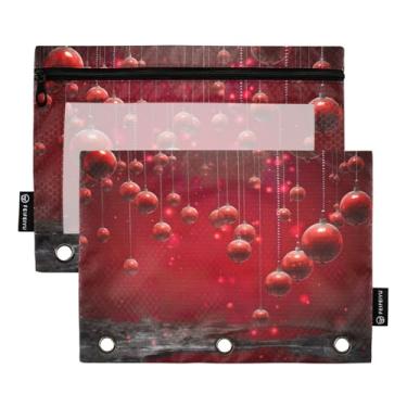 Imagem de Wassud Bolsa de lápis de bola de Natal vermelha para fichário de 3 anéis, bolsa transparente com zíper liso, estojo de lápis padrão, pacote com 2