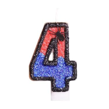 Imagem de Vela de aniversário temática aranha vermelha número bolo topo de bolo para crianças, meninos, meninas, artigos de decoração de festa de aranha (número 4)