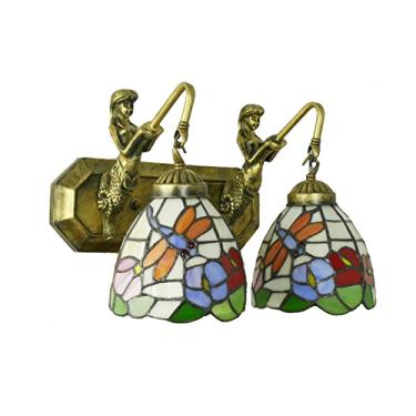 Imagem de Arandela de parede vintage com libélula, estilo Tiffany, com múltiplos braços e vitrais, ideal para banheiro, penteadeira ou corredor. Compatível com espelhos e iluminação frontal em formato