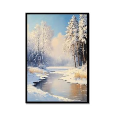 Imagem de Pôster de paisagem de Natal inverno fazenda alce pinhas boneco de neve natureza pintura em tela impressão de parede decoração de sala de estar (SKU6,20.3x30.5 cm = (20x30cm), moldura de metal preto)