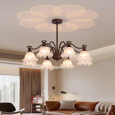 Imagem de Lustre vintage em metal bronze, modelo Sputnik, com soquete E27, ideal para ilha de cozinha. Luminária pendente grande de meados do século XX com cúpula de vidro branco em formato de flor, p