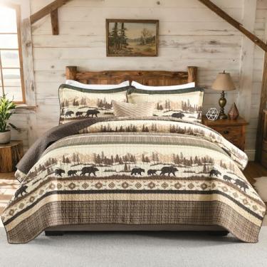 Imagem de PERHOM Conjunto de colcha Cabin Queen, 100% algodão, colcha queen de fazenda, árvore da floresta, marrom, urso, cervo, listrado, reversível, cobertor/edredom, 3 peças, marrom/bege/verde