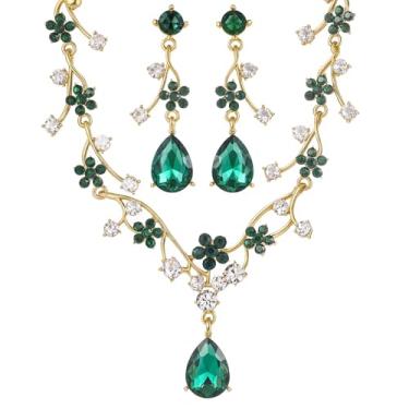 Imagem de KLSURPRISE2 Conjunto de joias florais para mulheres – Conjuntos de joias de casamento para noivas com colar de cristal e brincos para noivas e damas de honra, Large, Metal, Strass