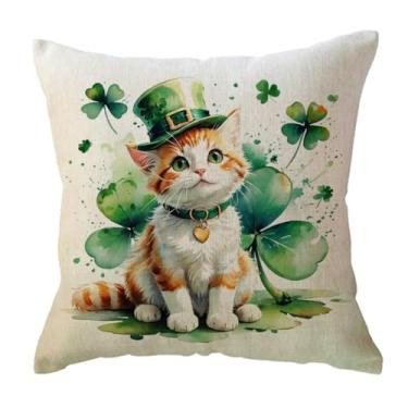 Imagem de Capa de almofada Lucky Cat com chapéu de duende primavera feriado capa de almofada 45 × 45 cm fazenda trevo irlandês trevo gatinho fronha decoração do dia de São Patrício para sofá/sofá/varanda (verde