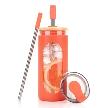 Imagem de Sursip Copo de vidro com 2 tampas e canudo, copo de vidro à prova de derramamento de 590 ml com tampa de bambu e manga de silicone para copo de água de café gelado - laranja