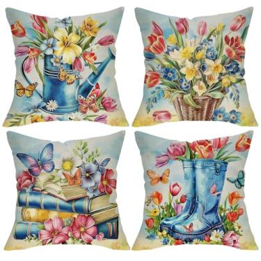 Imagem de Fjfz Capas de almofada decorativas florais primavera verão 45 x 45 conjunto de 4, cesta de flores tulipa narciso regador varanda decoração de casa, livro botas de chuva borboleta fazenda sofá sofá