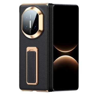 Imagem de POYUFRG Capa de couro genuíno para Huawei Mate X7, capa de proteção de dobradiça galvanizada de luxo fina com suporte giratório, preta, Mate X7
