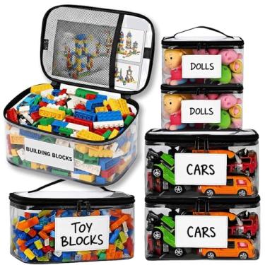 Imagem de Pacote com 6 sacos de armazenamento de brinquedos transparentes extragrandes com etiqueta e bolso – Bolsas organizadoras versáteis à prova d'água para blocos de Lego, jogos de tabuleiro, blocos de