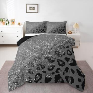 Imagem de jejeloiu Conjunto de cama de leopardo, macio para meninos e meninas, conjunto de edredom Queen com estampa de animal, microfibra preta, 3 peças com 2 fronhas