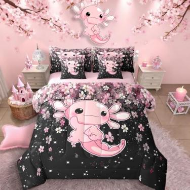 Imagem de Jogo de cama King fofo com desenho animado de axolote rosa, 7 peças, para crianças, adolescentes, kawaii, salamandra, mar, oceano, animal, cama romântica, flor de cerejeira