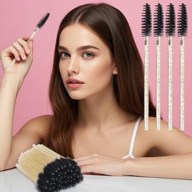 Imagem de 50 varinhas de rímel descartáveis, pincel de sobrancelha de cristal para extensões de cílios, pincéis de cílios rosa (ouro/preto)