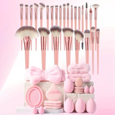 Imagem de Kit de pincéis de maquiagem, kit de maquiagem multifuncional com pincel de maquiagem, conjunto de pincéis de base, pincéis de maquiagem (conjunto de 46 peças rosa)