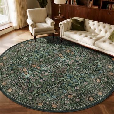 Imagem de Othilic Tapetes redondos verde musgo 2,7 m - Tapete macio lavável boho floral para sala de estar 22 x 23 cm resistente a manchas, círculos escuros e temperamentais, tapetes para sala de jantar para