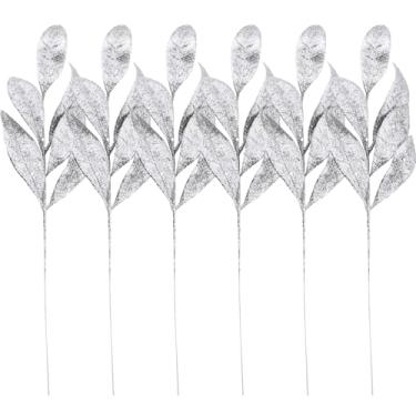 Imagem de ZCZQC 6 peças de folhas brilhantes de prata artificial, 35 cm, galhos de árvore de Natal, estilo luxuoso, arranjos florais, decoração de casa, faça você mesmo, enchimento de vaso para mesa de