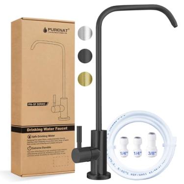 Imagem de Torneira de água potável - Torneira de água filtrada com haste de rosca longa para bancada grossa, torneira RO sem chumbo com mangueira e conexões de pressão (preto fosco - formato de 18 cm)