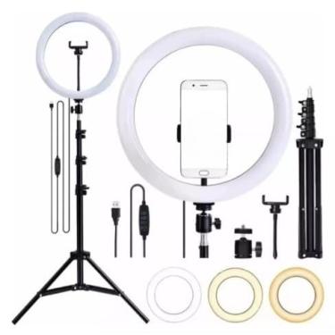 Imagem de Ring Light Iluminador Polegadas 10 com Tripé Profissional Led Selfie para Celular Profission ring light profissional，right light，tripe para celular com iluminação