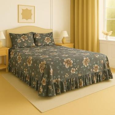 Imagem de Kit Lençol Queen 3 Peças Micropercal Toque de Algodão com Babado e Fronhas Premium (Cinza- Flor marrom)