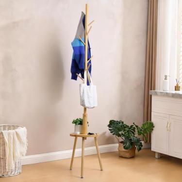 Imagem de Mancebo Cabideiro de Bambu de Chão 184cm com 8 Ganchos e Prateleira para Armazenamento, Roupas/Bolsa (Natural)