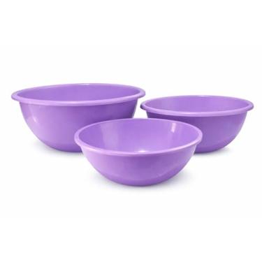 Imagem de Conjunto de 3 Bacias Plásticas Empilháveis, Verde, Redondas, Tamanhos Pequeno/Médio/Grande, Com Design Funcional para Cozinha, Ideal para Preparo e Armazenamento de Alimentos (lilás)