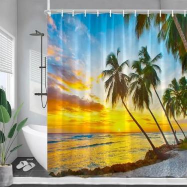 Imagem de Cortinas de chuveiro oceano crepúsculo mar praia coqueiros pôr do sol natureza paisagem cortina de banheiro decoração ganchos jardim pendurar na parede 43x83in-110x210 cm/LxA cortinas de chuveiro de