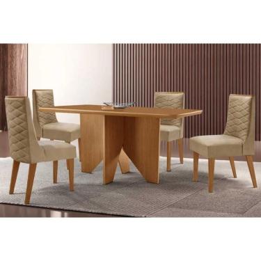 Imagem de Sala Jantar Mesa Nevada Tampo Curvo 120cm+4 Cadeiras Dafne Madeira Naturale - Capuccino/Linho Bege - Rufato