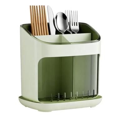 Imagem de ASHATA Porta-utensílios, Organizador de Armazenamento de Talheres de Plástico Com Porta-pauzinhos Removível e Bandeja de Drenagem, para Garfos, Colheres, Facas, Bancada de Cozinha (Verde