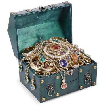 Imagem de UKQRRTC Baú de tesouro de madeira vintage com fechadura, caixa de armazenamento de joias, fechadura de metal para proteção de privacidade para aniversário, casamento, escritório, casa, decoração, 24 ×