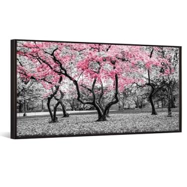Imagem de iKNOW FOTO 20 x 40 árvores de cerejeira em preto e branco com imagem rosa do parque NYC arte em tela esticada com moldura flutuante preta natureza paisagem decoração de parede pronta para pendurar