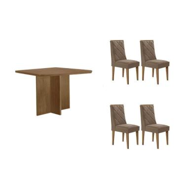 Imagem de Sala Jantar Mesa Berlim Tampo Curvo 90cm+4 Cadeiras Pietá Madeira Naturale - Capuccino/Corano Capuccino - Rufato