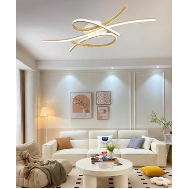 Imagem de Luminária de teto LED moderna, dimerizável, com controle remoto, formato oval, preta e dourada. Ideal para sala de estar, quarto, sala de jantar e cozinha (dourada, 80 cm).