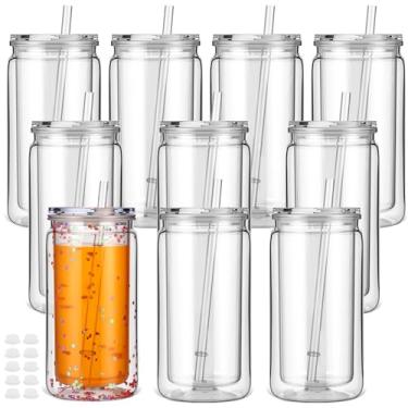 Imagem de Willinglong Pacote com 10 copos de acrílico para globo de neve de 473 ml, copo transparente de parede dupla pré-perfurado com tampa e canudo pote de plástico para globo de neve, glitter, faça você