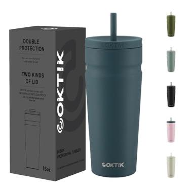 Imagem de COKTIK Copo isolado de 680 g com tampa e canudo 2 tampas (canudo/lipo) copo de café gelado reutilizável de aço inoxidável garrafa de água porta-copos amigável para mulheres homens ela ele (neblina