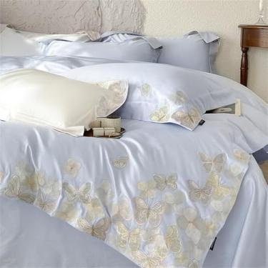 Imagem de Jogo de cama de algodão com bordado de borboletas e flores, tamanho casal, queen e king, capa de edredom, lençol, cor 5, lençol de baixo com elástico de 1,8 m.
