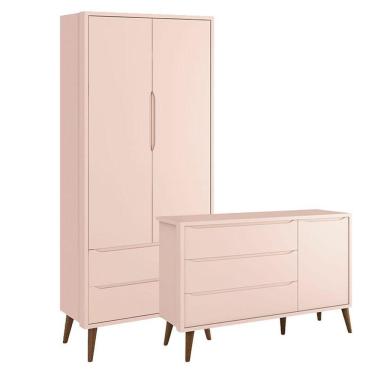 Imagem de Cômoda Infantil 1 Porta E Guarda Roupa 2 Portas Theo Rosa Com Pés Amadeirados - Reller