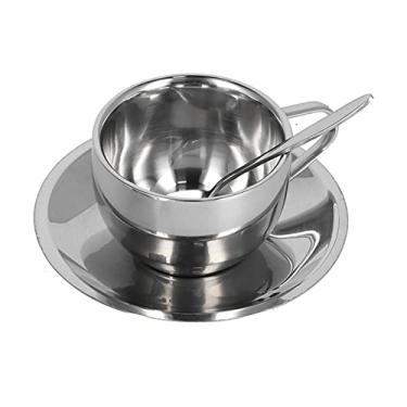 Imagem de Aqur2020 Conjunto de café Em Aço Inoxidável 304, Copo Isolado de Parede Dupla Com Pires e Colher, Conjunto Completo Elegante para Casa, café, Escritório, Restaurante (Terno Dupla Camada Milan-180ML)